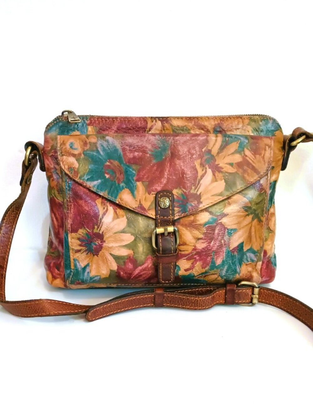 Patricia Nash Multi Color Floral Sunflower Leather Crossbody Bag Top Zip - Picture 1 of 16